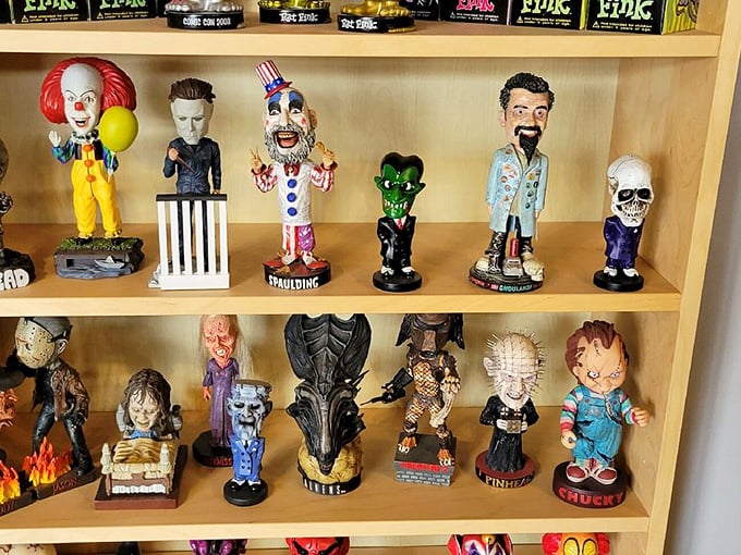 From creepy clowns to classic monsters, this shelf proves that even nightmares can be adorable.