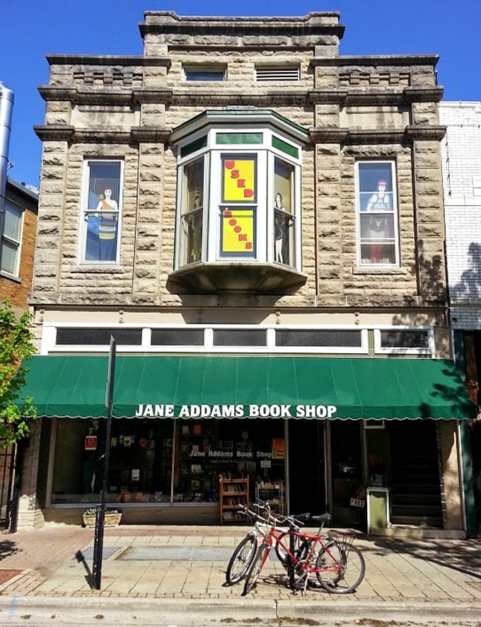 Bikes parked outside hint at adventures within. This bookstore is where the journey of a thousand pages begins! Photo credit: Jane Addams Book Shop