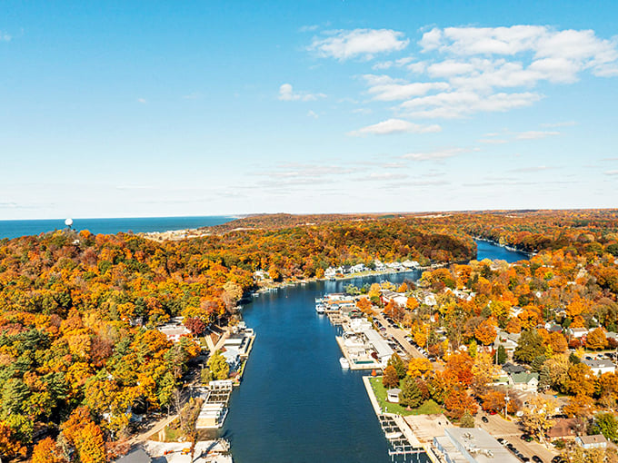 Saugatuck: Where autumn paints the town gold and boats become floating masterpieces. A scene so perfect, Bob Ross would weep. 