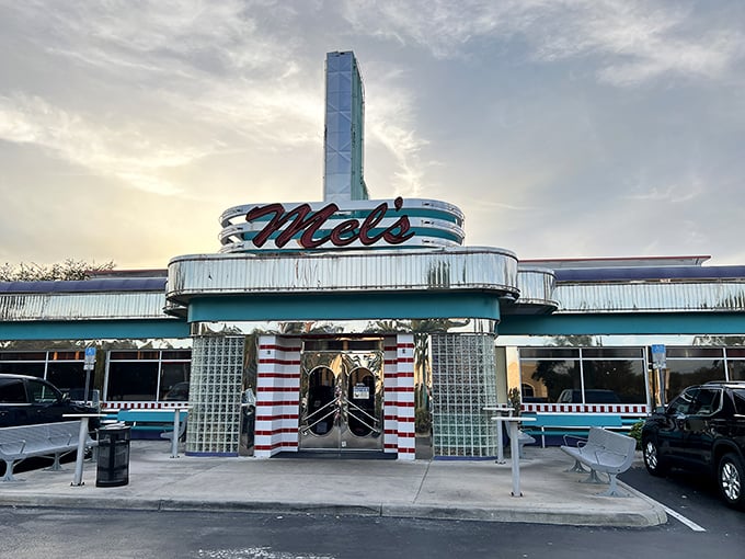 Great Scott! Mel's Diner looks like it drove straight out of a "Back to the Future" set, neon blazing.