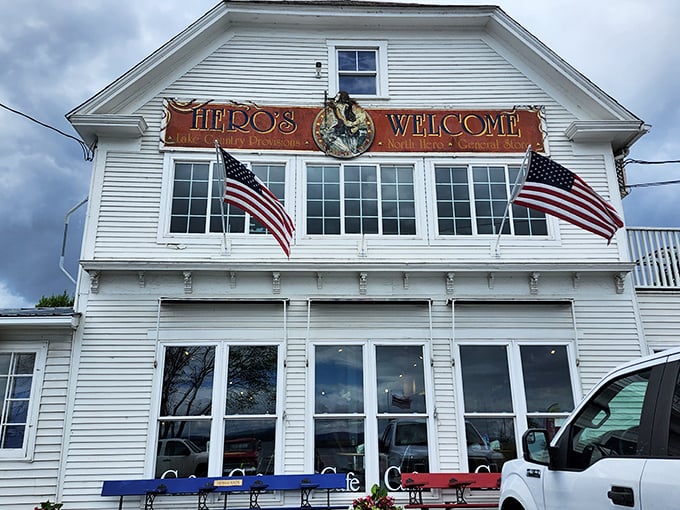 A slice of Americana, served with a side of charm! Hero's Welcome stands proud, its white clapboard exterior and patriotic flags beckoning hungry travelers and history buffs alike.