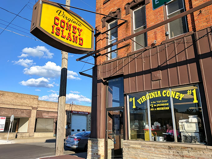 A beacon of comfort food! Virginia Coney Island's vintage sign promises a journey through time and taste, all wrapped in a steaming bun.