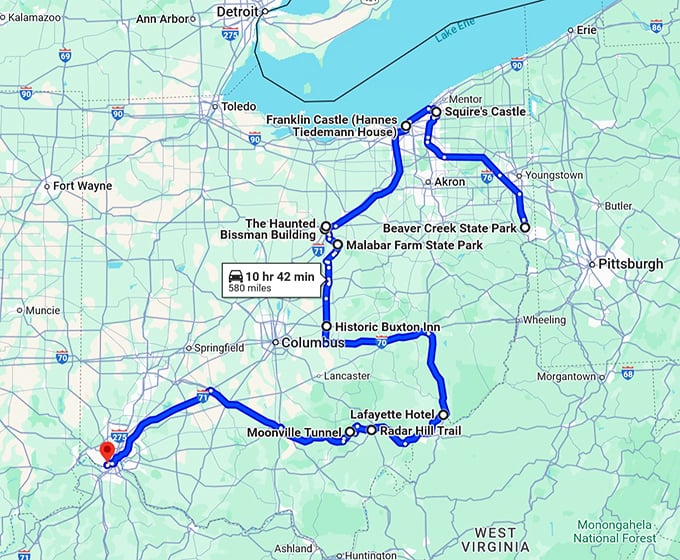 creepy ohio road trip map