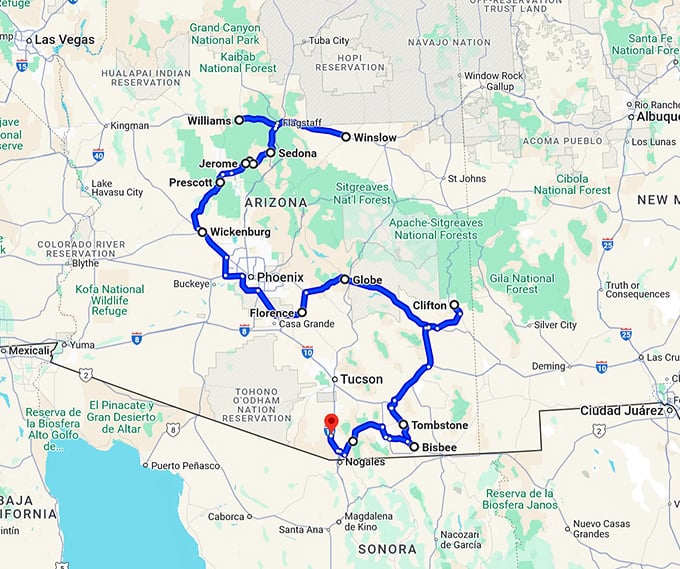 unforgettable towns arizona trip map