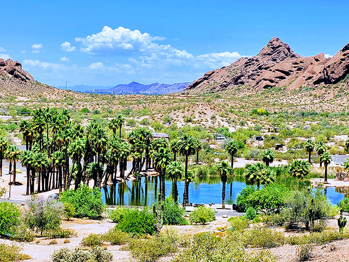 Nature's own watercolor masterpiece! Papago Park's red rocks and shimmering lagoon create a scene so picturesque, you'll swear Bob Ross himself painted it.