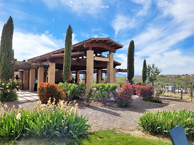 Tuscan dreams in the Arizona desert! This sun-drenched patio at Alcantara Vineyards looks like it was plucked from an Italian postcard and dropped into the Wild West.