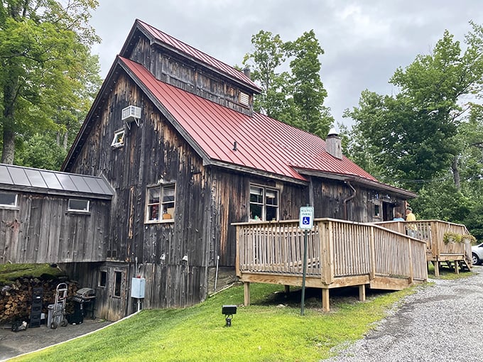 Rustic charm meets maple-infused magic! This weathered wooden wonder looks like it's been whispering sweet Vermont secrets since Paul Bunyan was in diapers.