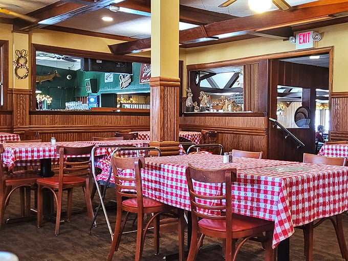 Step into a time warp of red-checkered coziness. This dining room has seen more family gatherings than a Thanksgiving turkey.