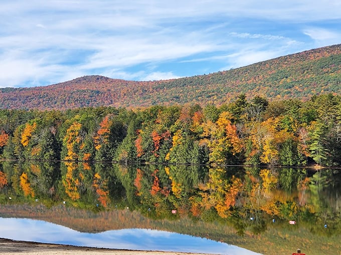 Lake Shaftsbury's fall foliage extravaganza. Technicolor trees reflect in mirror-like waters, creating a double feature of autumn splendor that'd make Bob Ross weep with joy.