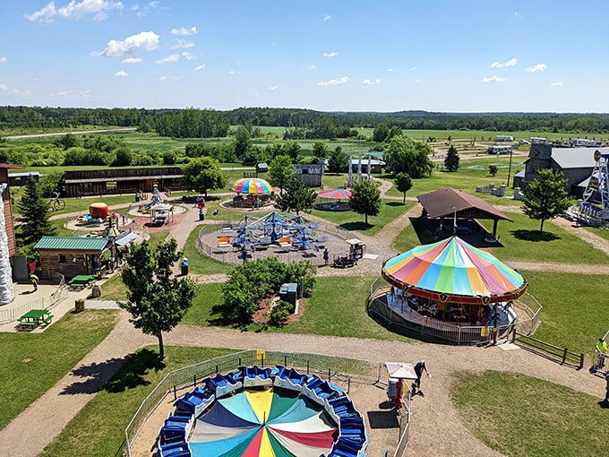 Welcome to Paul Bunyan Land, where the rides are as colorful as a lumberjack's tall tales! This aerial view showcases a whimsical wonderland that'll make your inner child do cartwheels.