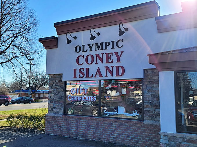 Welcome to flavor town! Olympic Coney Island's classic exterior promises a journey through time and taste, with a side of nostalgia.