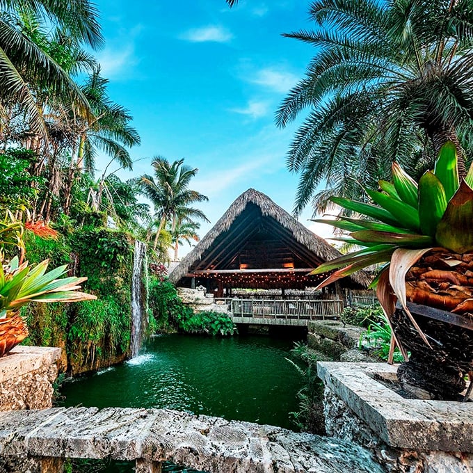 Tiki dreams come true! This waterfall-adorned oasis looks like it was plucked from a tropical postcard and plopped right into Florida's backyard.